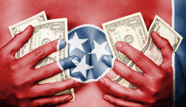 Sweaty girl covered her breast with money, flag of Tennessee