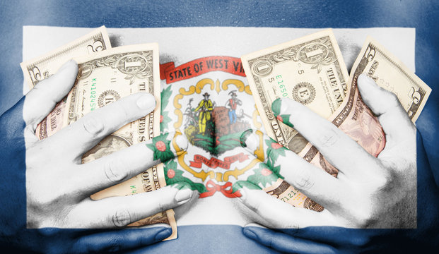 Sweaty girl covered her breast with money, flag of West Virginia