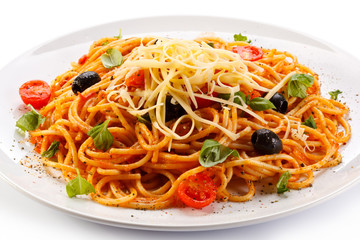 Pasta with meat, tomato sauce, parmesan and vegetables