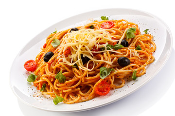 Pasta with meat, tomato sauce, parmesan and vegetables