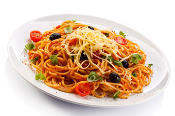 Pasta with meat, tomato sauce, parmesan and vegetables