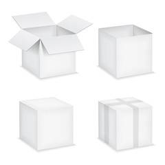 Open and closed white paper boxes on white backround
