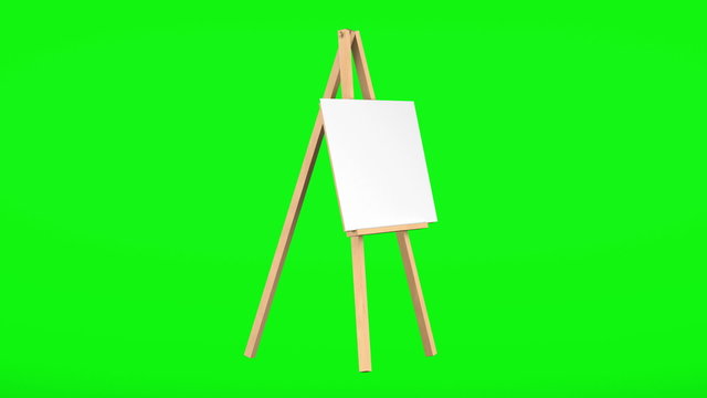 wooden easel with blank canvas loop rotate on green chromakey