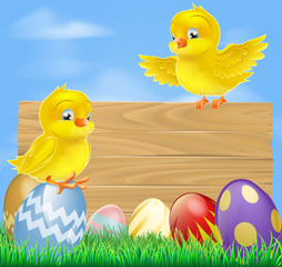 Easter chicks and wooden sign