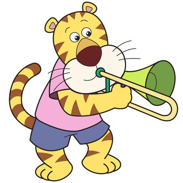 Cartoon Tiger Playing A Trombone