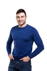Handsome man wearing a blue sweater isolated on white