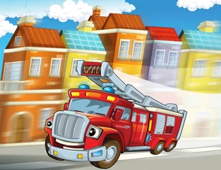 Fototapeten Das rote Feuerwehrauto - Pflicht - Illustration für die Kinder © honeyflavour