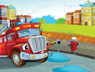 Poster Im Rahmen Das rote Feuerwehrauto - Pflicht - Illustration für die Kinder © honeyflavour