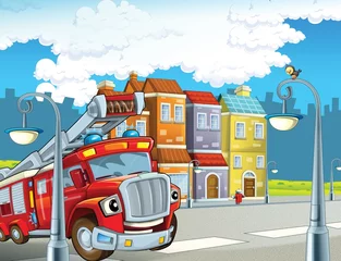 Fototapeten Das rote Feuerwehrauto - Pflicht - Illustration für die Kinder © honeyflavour