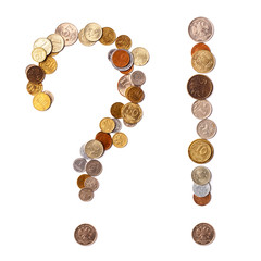 question and exclamation marks from coins of different countries