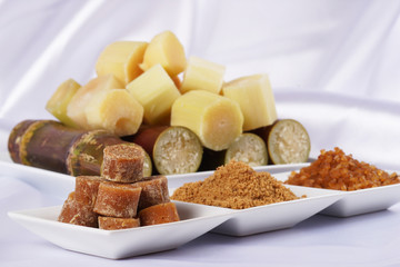 Various kinds of sugar and sugar cane