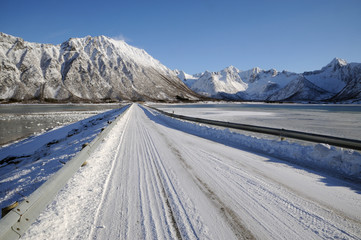 Road crossing fjord in Lofoten
