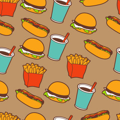 Fast food seamless pattern in retro style.