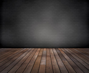 Raum: Graue  Ziegelwand mit Holzfussboden