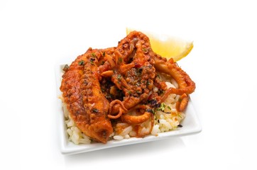 Octopus with tomato sauce.