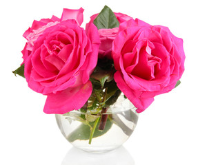Fototapeta premium Beautiful pink roses in vase isolated on white
