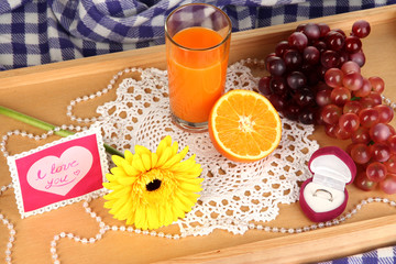 Breakfast in bed on Valentine's Day close-up