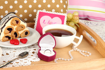 Breakfast in bed on Valentine's Day close-up