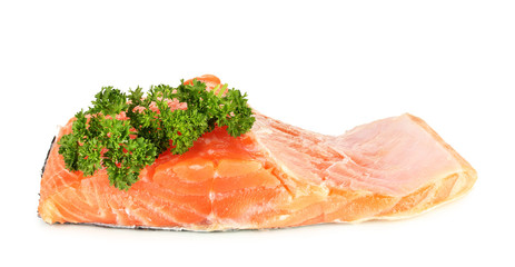 Fresh salmon fillet with parsley, isolated on white