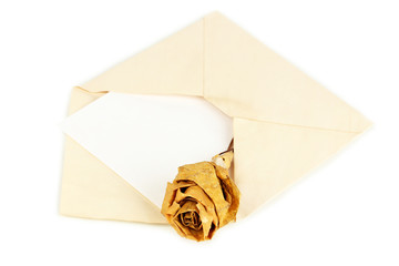 Old envelope with blank paper with dried rose isolated on white