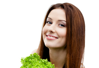 Woman keeps fresh lettuce, isolated on white