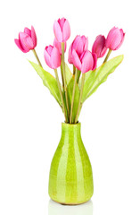 Beautiful bouquet of pink tulips in vase, isolated on white