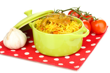 Delicious pilaf with vegetables isolated on white