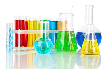 Test tubes with colorful liquids isolated on white