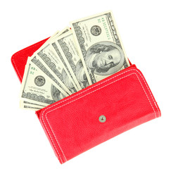Purse with hundred dollar banknotes, isolated on white