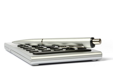 A calculator and a pen on a white background