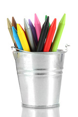 Colorful pencils in pail isolated on white