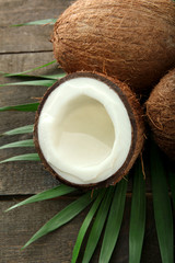 Coconut with leaves, on grey wooden background