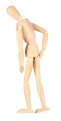 Joint pain at wooden mannequin isolated on white