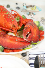 Red lobster on platter on serving table close-up