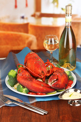 Red lobster on platter on serving table close-up