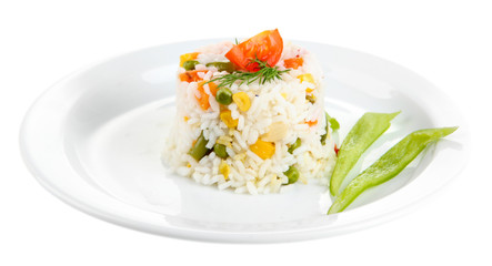 Delicious risotto with vegetables, isolated on white
