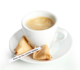 Cup of coffee and fortune cookies, isolated on white