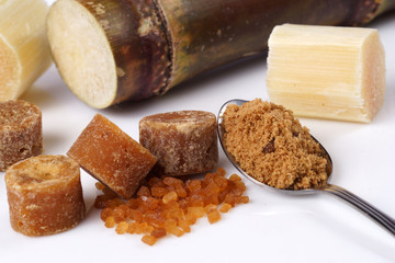 Various kinds of sugar and sugar cane