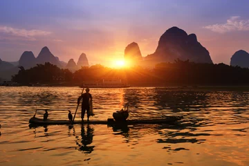 Foto op Canvas Boot met aalscholvers vogels, traditionele visserij in China gebruik tra © snvv