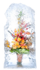 delicate bouquet of flowers in the ice