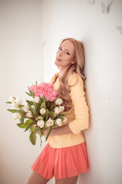 Beautiful Woman With Tulips