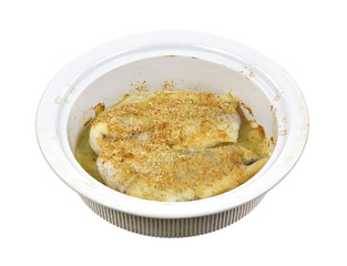 Breaded haddock in baking dish