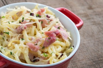 Spaghetti Carbonara with bacon and cheese.