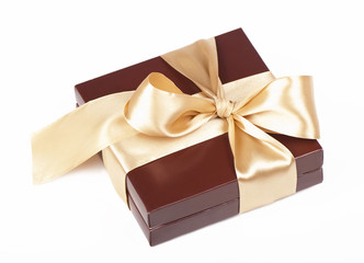 chocolate color box for candy, tied beige ribbon