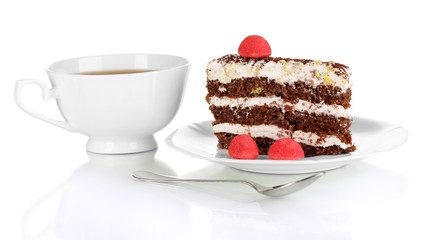 A cup of tea and delicious cake isolated on white