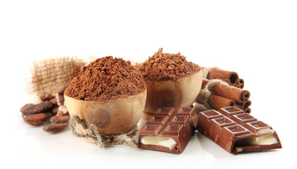 Composition of chocolate sweets, cocoa and spices, isolated