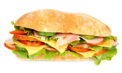 Fresh and tasty sandwich with ham and vegetables isolated