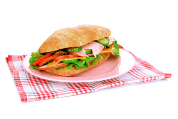 Fresh and tasty sandwich with ham and vegetables isolated