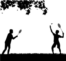 Badminton men players outdoor in spring silhouette