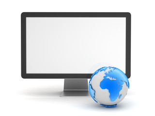 Computer monitor and earth globe on white background